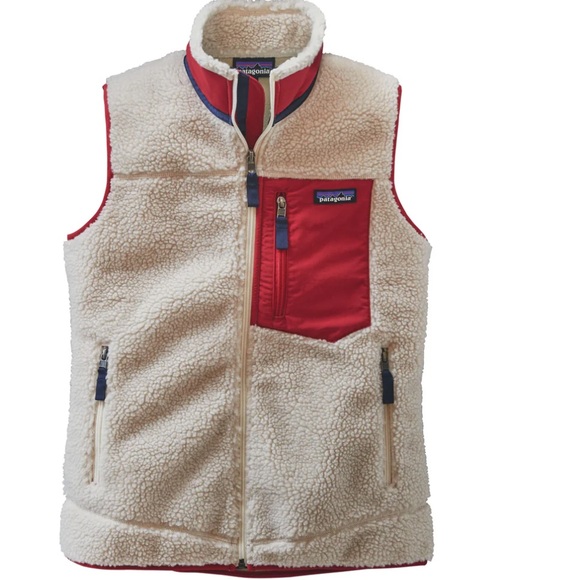 Patagonia Jackets & Blazers - Patagonia White Sherpa Vest with Red Chest Pocket and Navy Trim